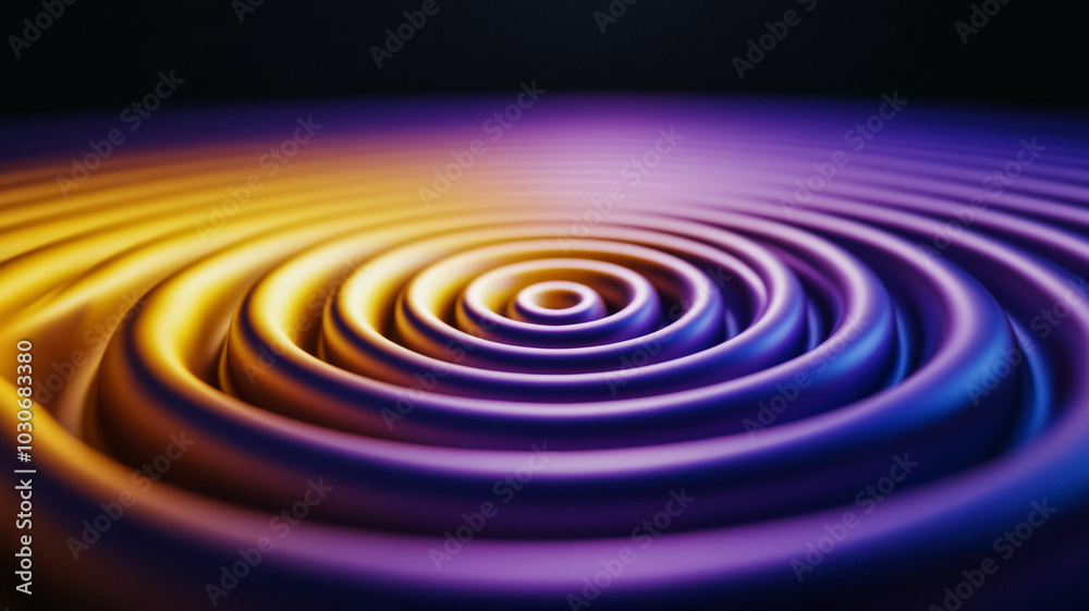 Fototapeta premium Circular sound ripples expand from the center in radiant yellows and purples creating a visual symphony of waves against a deep black backdrop 
