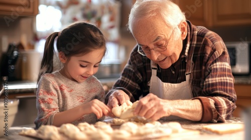 Grandfather and granddaughter making dough in kitchen.