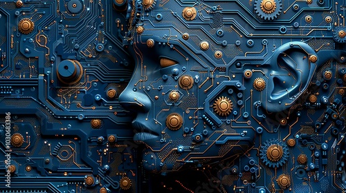 Artificial Intelligence Face Integrated with Circuit Board, AI Concept, Machine Learning, 3D Render.