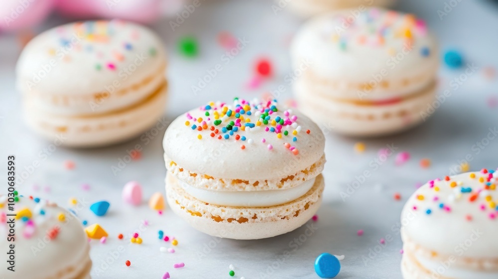 Fototapeta premium Delightful Birthday Cake Flavored Macarons with Sprinkles