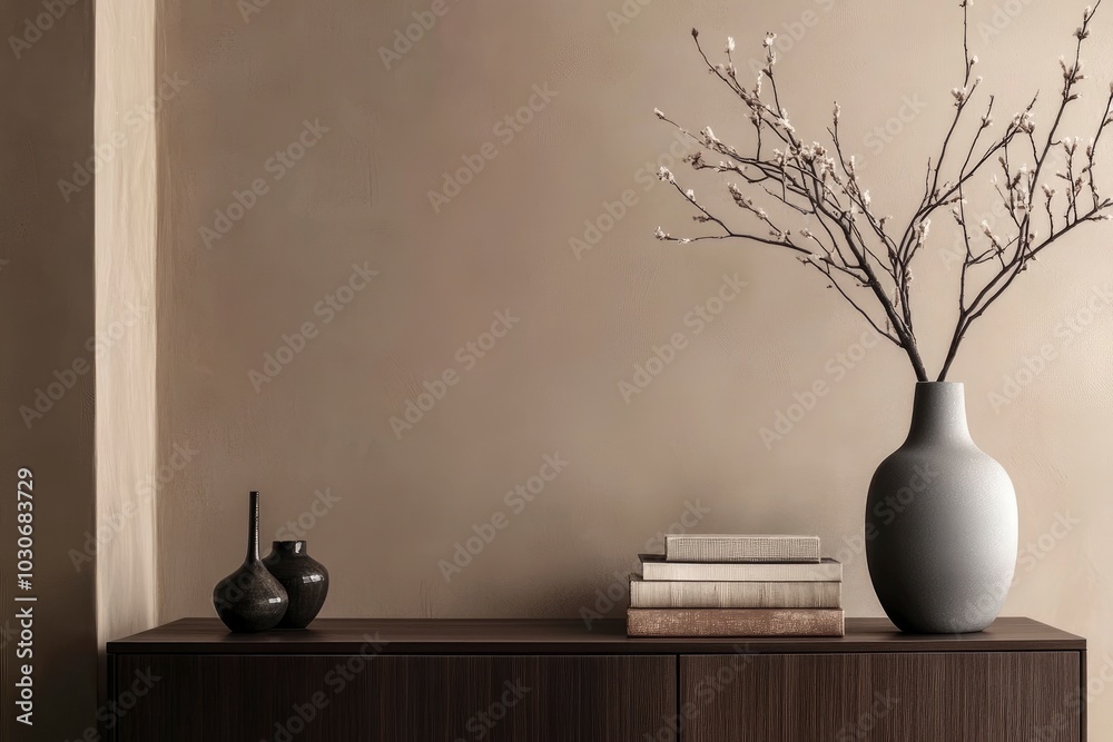 Interior design of warm and cozy living room interior with copy space, brown sideboard, gray vase with branch, books, casket, stylish sculpture and personal accessories. Home decor - generative ai Interior design of warm and cozy living room interior with copy space, brown sideboard, gray vase with branch, books, casket, stylish sculpture and personal accessories. Home decor - generative ai