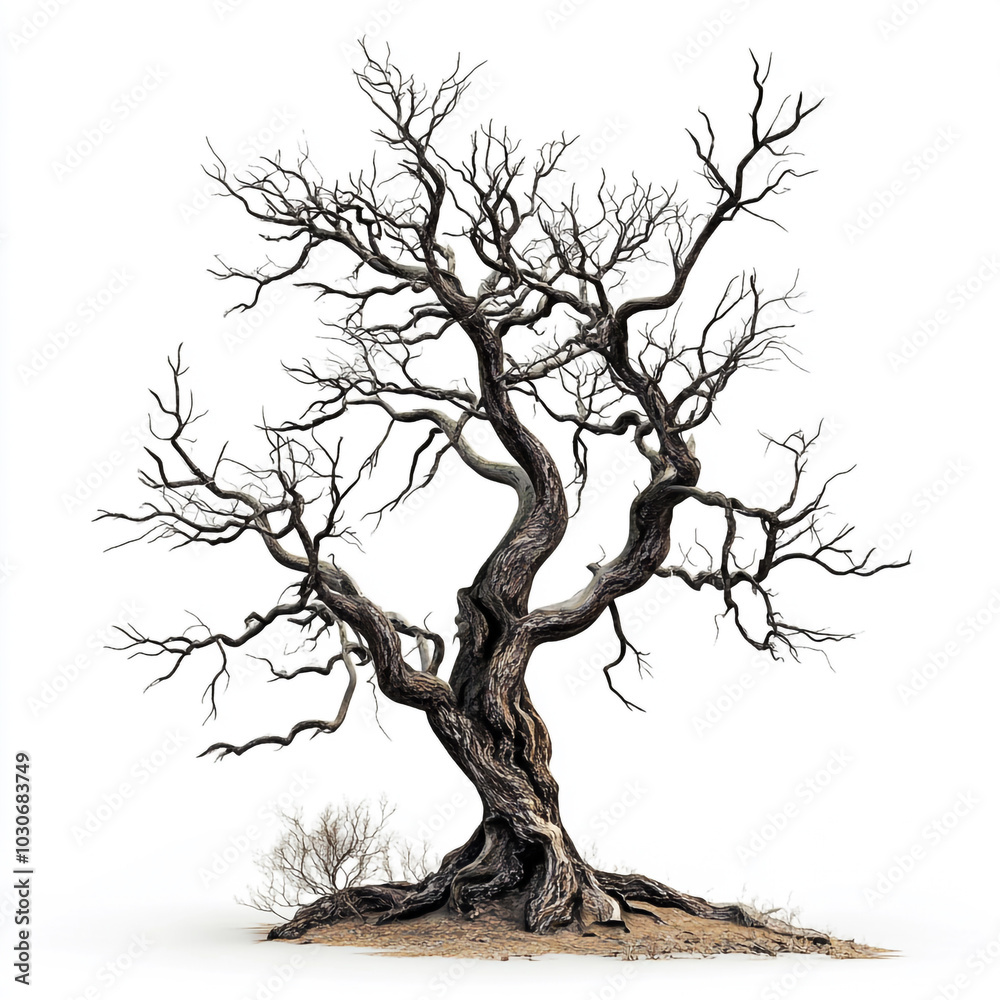 A tree with no leaves is standing alone on a white background. A tree with no leaves is standing alone on a white background.