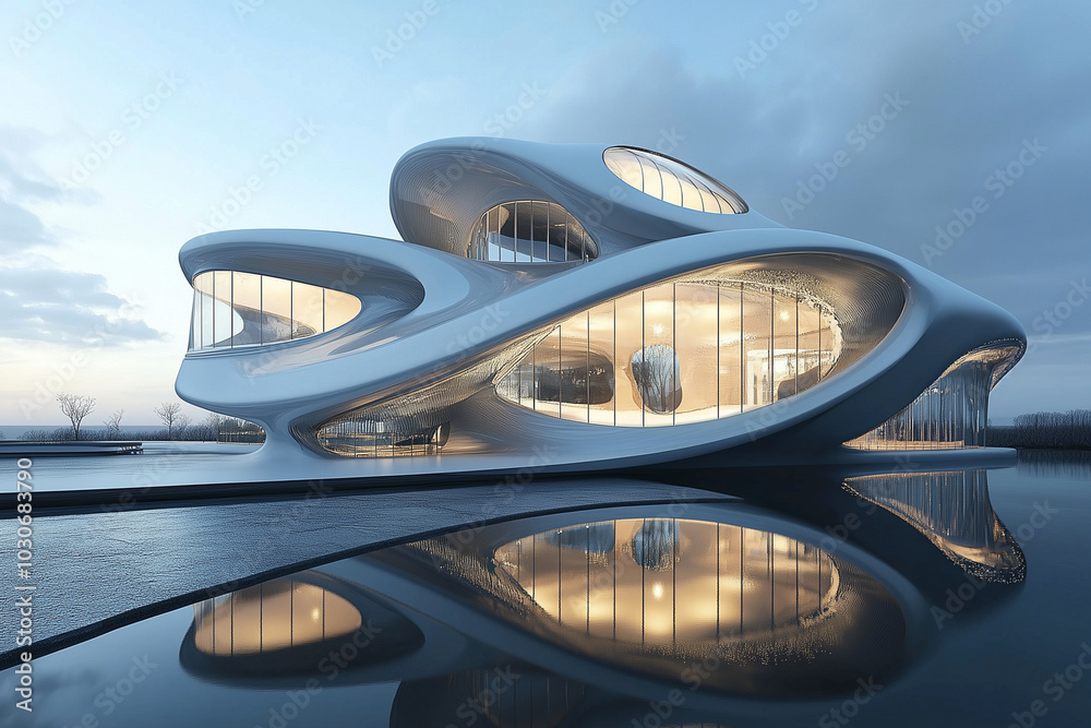 Obraz premium large, white building with many windows and a pool. The building is curved and has a unique design