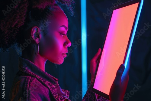 App mockup afro-american woman in her 20s holding a tablet with a completely neon screen