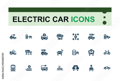 Set of solid electric car icons. Related to e-car, electric scooter and power. Filled icon collection for web and ui. Editable flat Vector illustration. Pixel perfect icons pack.