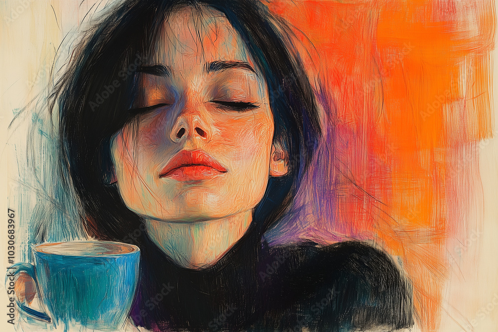 A sleepy girl with a cup of coffee, colorful pencil illustration for a magazine. Concept of rest, tiredness and coffee drinking