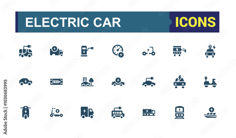 Set of solid electric car icons. Related to e-car, electric scooter and power. Filled icon collection for web and ui. Editable flat Vector illustration. Pixel perfect icons pack. Set of solid electric car icons. Related to e-car, electric scooter and power. Filled icon collection for web and ui. Editable flat Vector illustration. Pixel perfect icons pack.