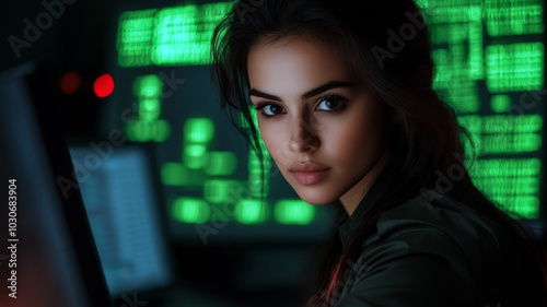 Female cryptographer decoding encrypted messages on a high-tech computer her workspace cluttered with cryptic symbols and code sheets as she concentrates intensely  photo