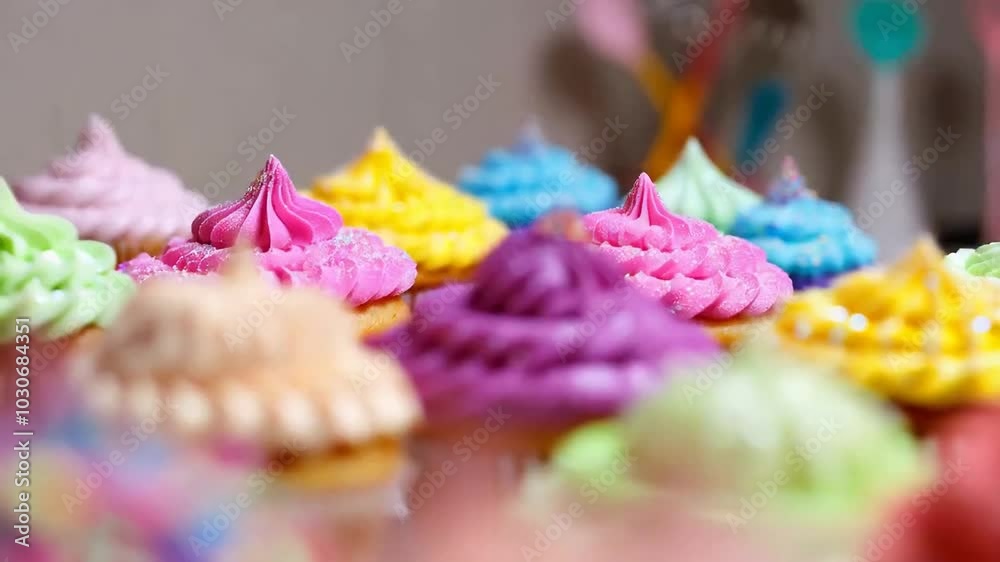 A tray of colorful cupcakes, with frosting details A tray of colorful cupcakes, with frosting details