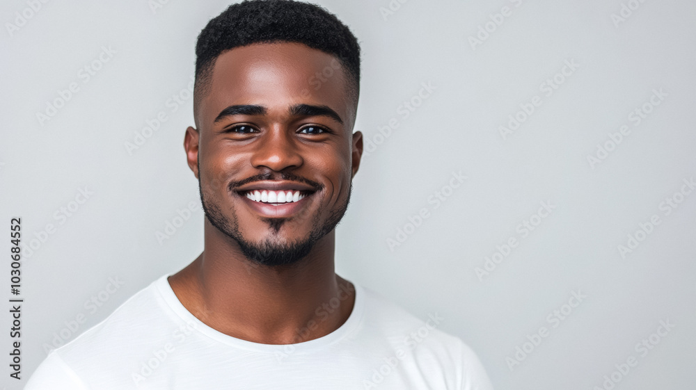 Handsome African man with a bright smile wearing a casual white shirt his clean-shaven face beaming against a white background Handsome African man with a bright smile wearing a casual white shirt his clean-shaven face beaming against a white background