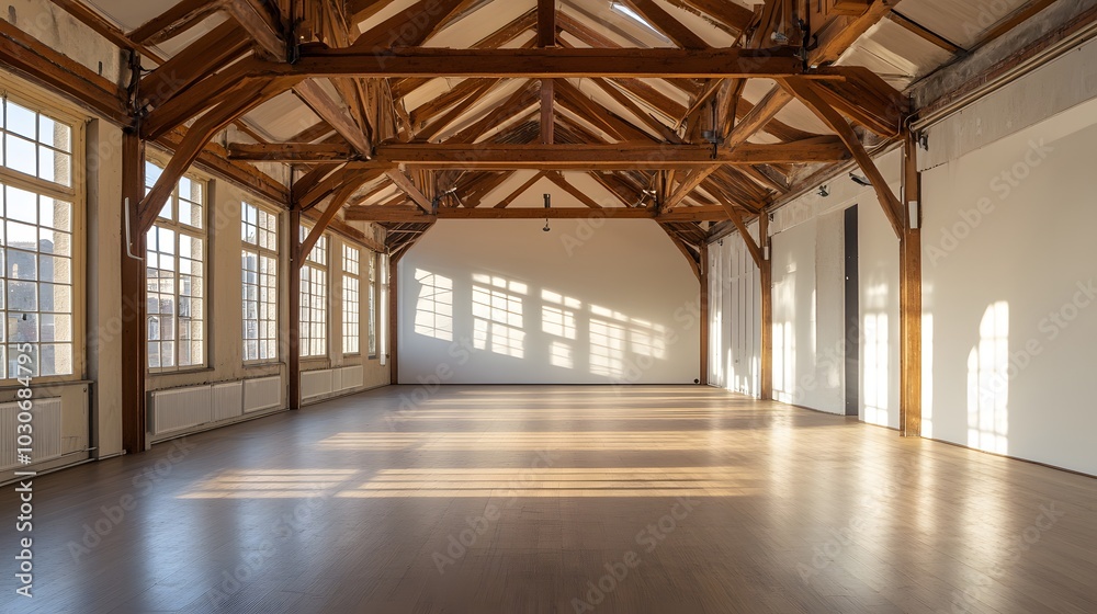 19. A wide, empty gallery space with high ceilings and wooden beams 19. A wide, empty gallery space with high ceilings and wooden beams