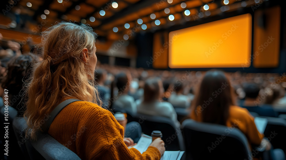 Audience watching a presentation in a large auditorium. Audience watching a presentation in a large auditorium.