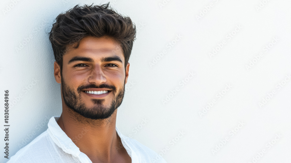 Handsome Middle Eastern man with a close-cropped beard and deep-set eyes smiling gently in a white linen shirt isolated on a white background Handsome Middle Eastern man with a close-cropped beard and deep-set eyes smiling gently in a white linen shirt isolated on a white background
