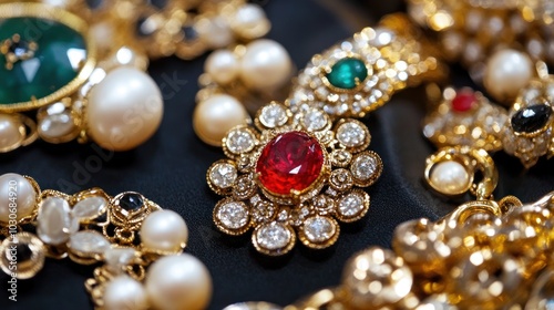 Closeup of Elegant Jewelry with Gems and Pearls