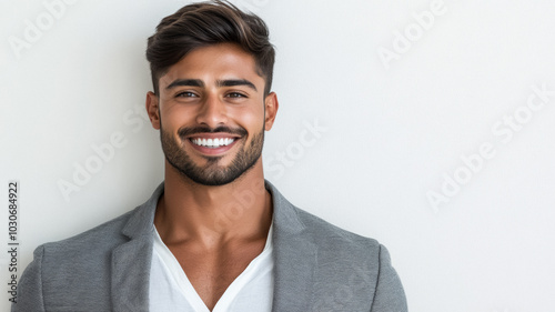 Handsome Indian man with a bright smile and side-parted hair wearing a sleek grey jacket his joyful energy standing out against the white backdrop 