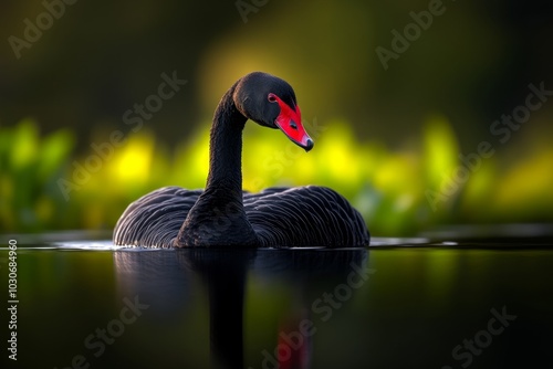 Fototapeta Naklejka Na Ścianę i Meble -  Rare black swan with crimson beak, swimming gracefully in calm waters