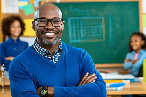 Middle age smiling African man teacher with glasses in a blue sweater stands in front of a chalkboard in a school classroom, explaining a lesson. Copy space.