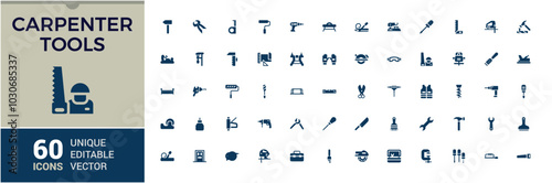 Set of solid Carpenter tools icons. Related to woodworking. Carpentery tools flat symbol, Editable filled icon collection for web and ui. Pixel perfect.
