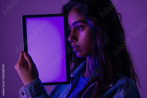 App view indian woman in her 20s holding a tablet with a completely purple screen