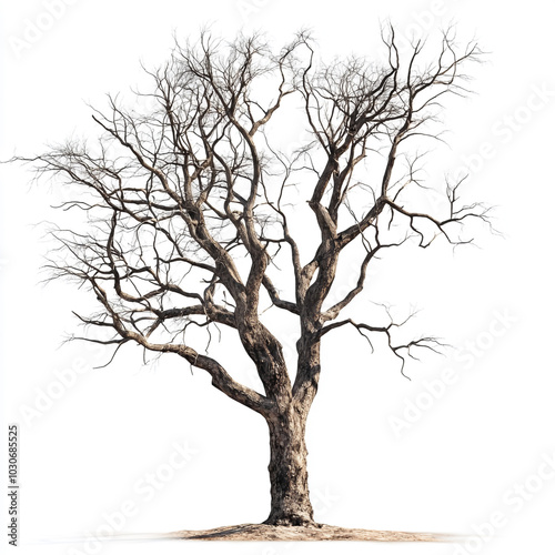 A tree with no leaves is standing alone on a white background.