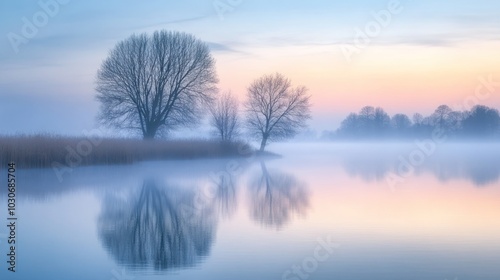 A misty sunrise over a calm lake with trees reflected in the water.