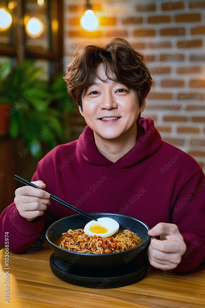 Cheerful middle age Korean man in burgundy hoodie dining at an Asian restaurant, savoring a bowl of ramen noodles with chopsticks. Cheerful middle age Korean man in burgundy hoodie dining at an Asian restaurant, savoring a bowl of ramen noodles with chopsticks.