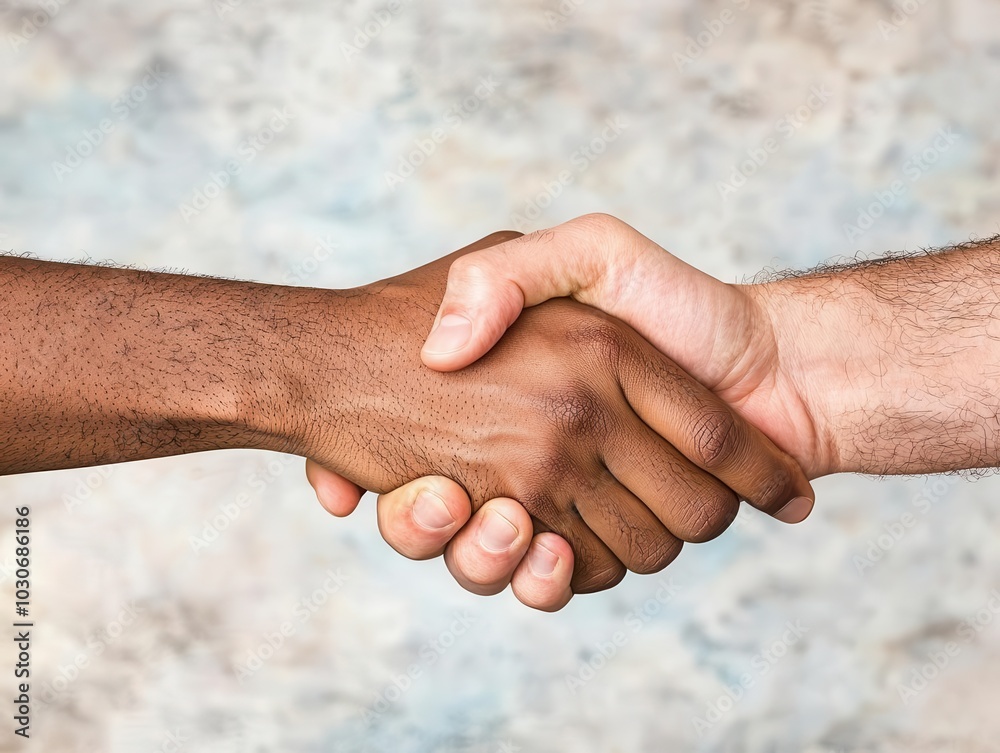 Hands of partners from different ethnicities clasping in a handshake, with an abstract background symbolizing unity and progress. 8k, realistic texture, copy space for text Hands of partners from different ethnicities clasping in a handshake, with an abstract background symbolizing unity and progress. 8k, realistic texture, copy space for text