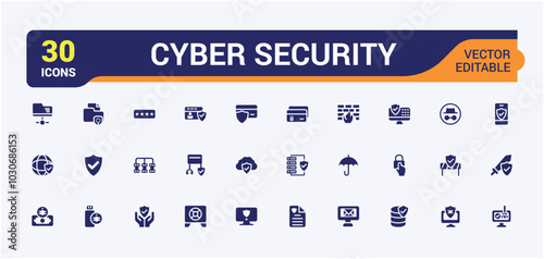 Cyber Security solid icons set. Related to antivirus, spyware, scan, protection and more icon collection. Simple flat symbol pack. Editable filled icons for web and ui. Pixel perfect.