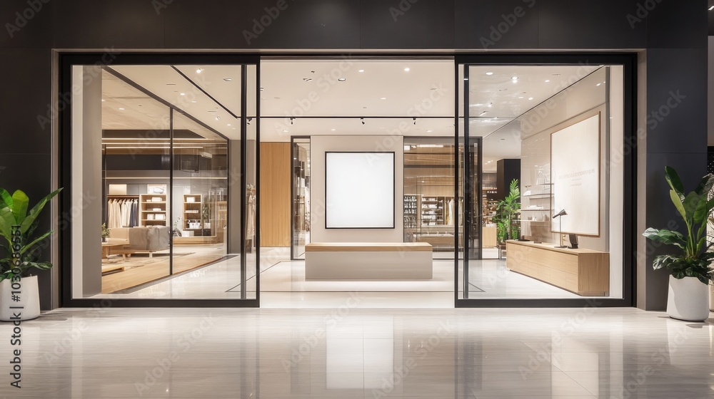 Modern retail storefront showcasing minimalist design and elegant interior display. Modern retail storefront showcasing minimalist design and elegant interior display.