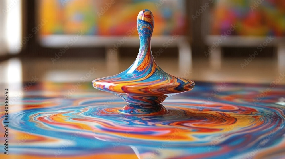 A colorful spinning top creates a mesmerizing swirl of paint on a reflective surface. A colorful spinning top creates a mesmerizing swirl of paint on a reflective surface.