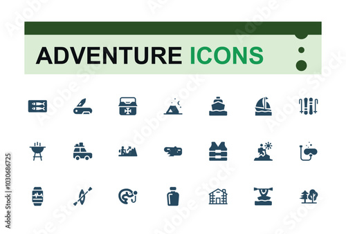 Set of solid Adventure icons set. containing journey, diving, running, jumping and more. Editable filled icon collection. Pixel perfect. Vector illustration.