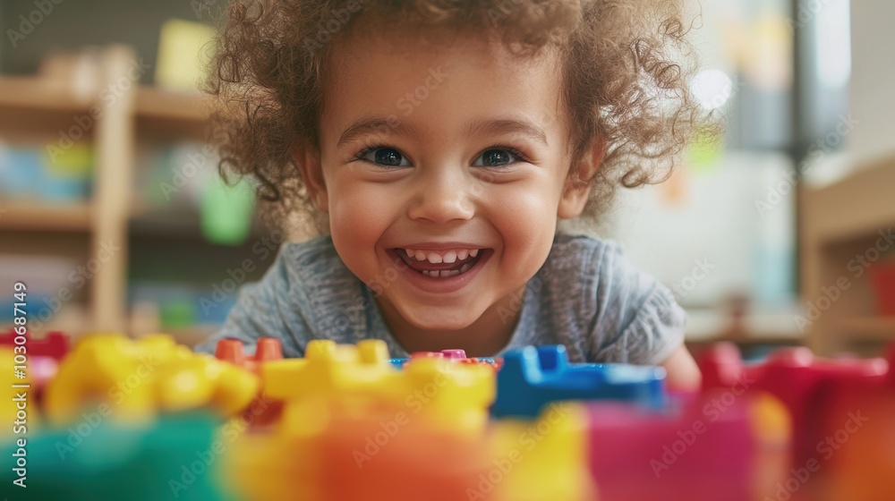 Smiling girl playing with colorful blocks. Smiling girl playing with colorful blocks.