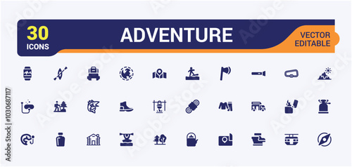 Adventure solid icons set. Related to campfire, snorkeling, climbing, travel and more flat icons pack. Outdoor activity Filled style icon collection. Editable and pixel perfect.