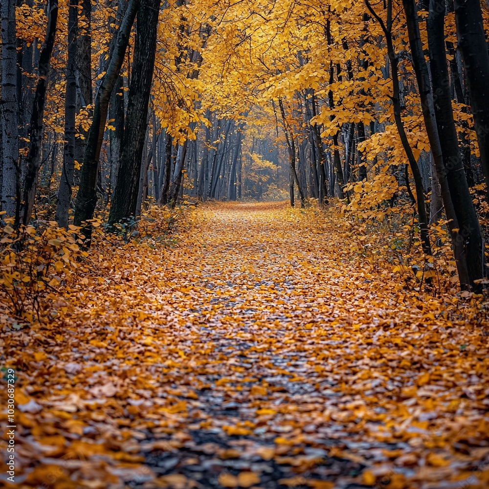 Enchanted Forest Path: Golden Leaves Glowing in Morning Sunlight Enchanted Forest Path: Golden Leaves Glowing in Morning Sunlight
