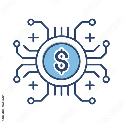 Digital currency icon with circuit connections in line art style.