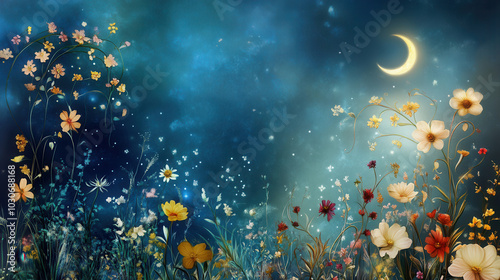 serene garden scene featuring intertwining vines and vibrant flowers under crescent moon, creating magical and tranquil atmosphere