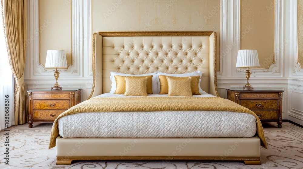 Wideangle shot of elegant bedroom with gold and cream palette, ambient lighting, classic decor, opulent bedroom, grand layout