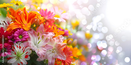 Various beautiful flowers for the holiday Selective focus on spring flowers background. inviting composition, intricate details, warm sunlight photo