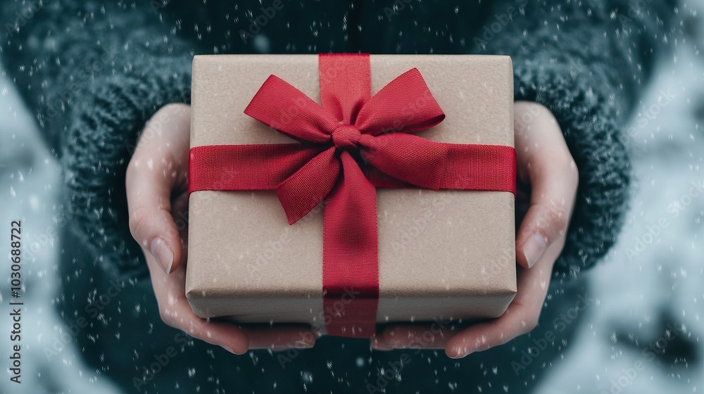 A person holding a beautifully wrapped gift box with a red ribbon in a snowy setting. A person holding a beautifully wrapped gift box with a red ribbon in a snowy setting.