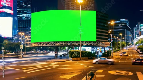 A timelap in a busy city zooms in close to a trade show display. On the product screen is a green screen for editing.