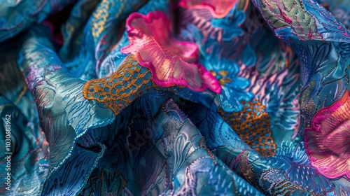 The unique texture and pattern of an upcycled silk scarf are depicted in a detailed closeup. Each piece is oneofakind made from repurposed silk to reduce waste in the fashion industry photo