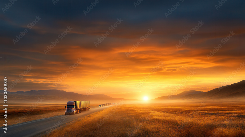 Obraz premium large truck convoy transporting goods across scenic landscape at sunset, showcasing beauty of nature and journey of transportation. warm colors of sky create serene atmosphere