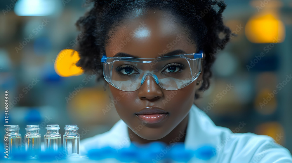 A scientist in a lab coat and goggles focuses on her work. A scientist in a lab coat and goggles focuses on her work.