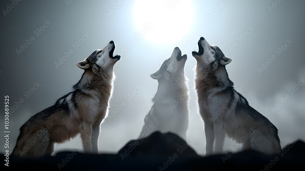 Naklejka premium Moonlit Werewolves Howling on Dark Beach - Eerie Mist and Rugged Rocks Create a Supernatural Atmosphere