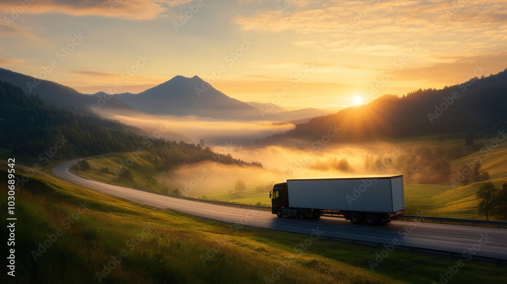 sleek modern truck driving along scenic road at sunrise, surrounded by misty mountains and lush greenery, evokes sense of adventure and tranquility sleek modern truck driving along scenic road at sunrise, surrounded by misty mountains and lush greenery, evokes sense of adventure and tranquility