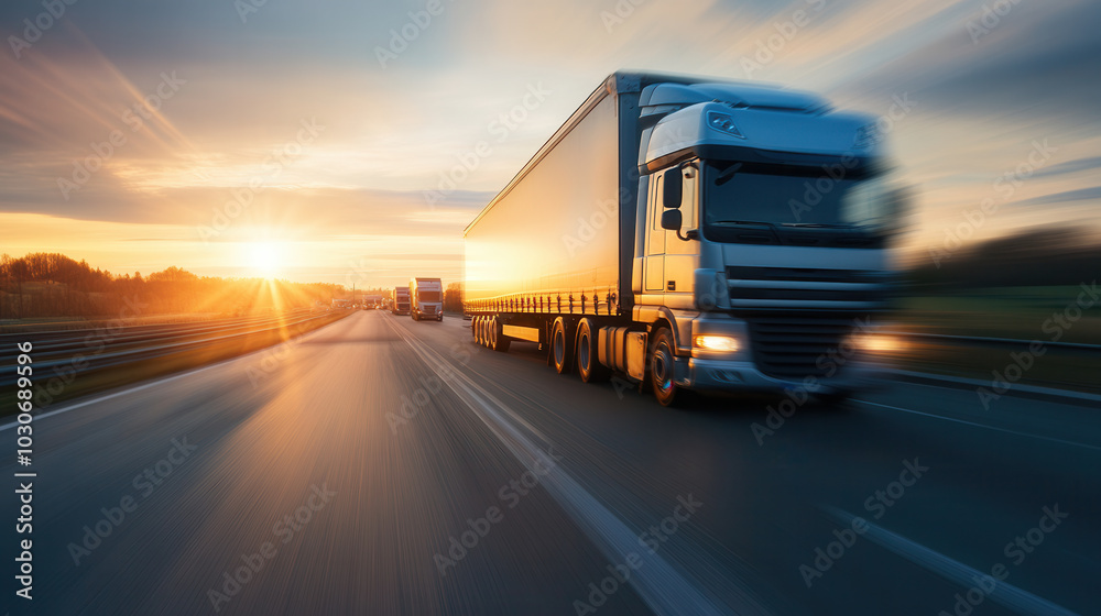 Sleek modern trucks driving down scenic highway at sunset, showcasing motion and speed. vibrant colors of sky enhance dynamic atmosphere of journey Sleek modern trucks driving down scenic highway at sunset, showcasing motion and speed. vibrant colors of sky enhance dynamic atmosphere of journey