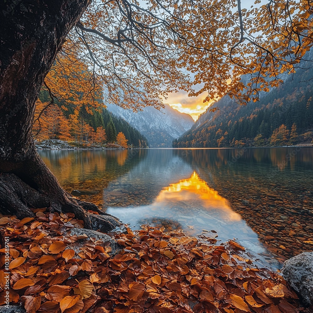 Serene Autumn Sunset Over a Mountain Lake Surrounded by Colorful Trees Serene Autumn Sunset Over a Mountain Lake Surrounded by Colorful Trees