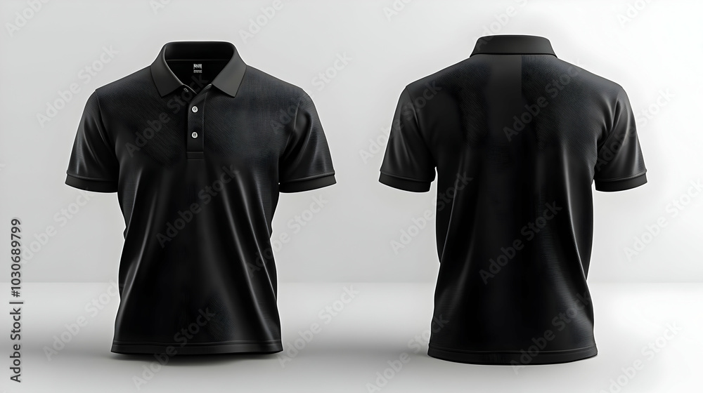 Black polo shirt displayed from front and back views. Black polo shirt displayed from front and back views.