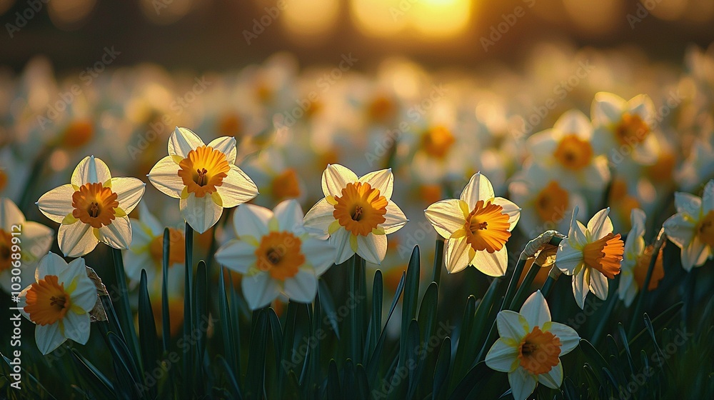 Fototapeta premium Daffodils in Bloom: Captivating Spring Meadow Under Morning Light