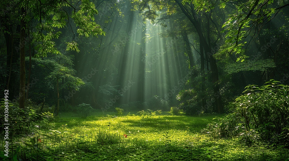 Fototapeta premium Environmental conservation concept, a lush green forest with sunlight filtering through the trees, highlighting the importance of preserving natural habitats for biodiversity. Realistic photo. High